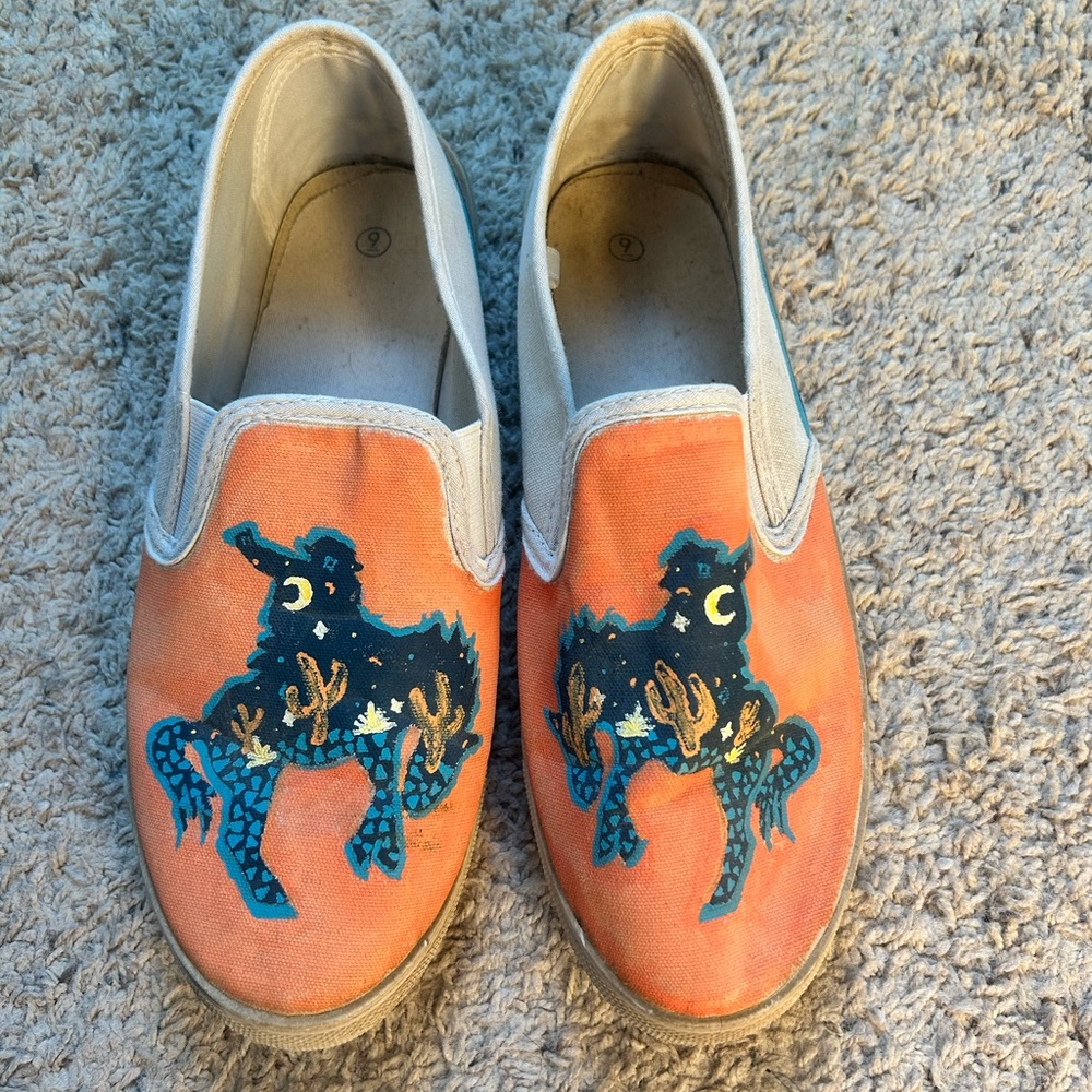 Women's Orange Slip-On Loafers with Cowboy Design